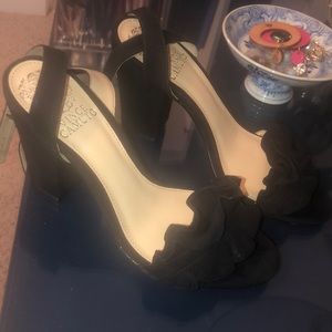 Vince Camuto black suede ruffle heels